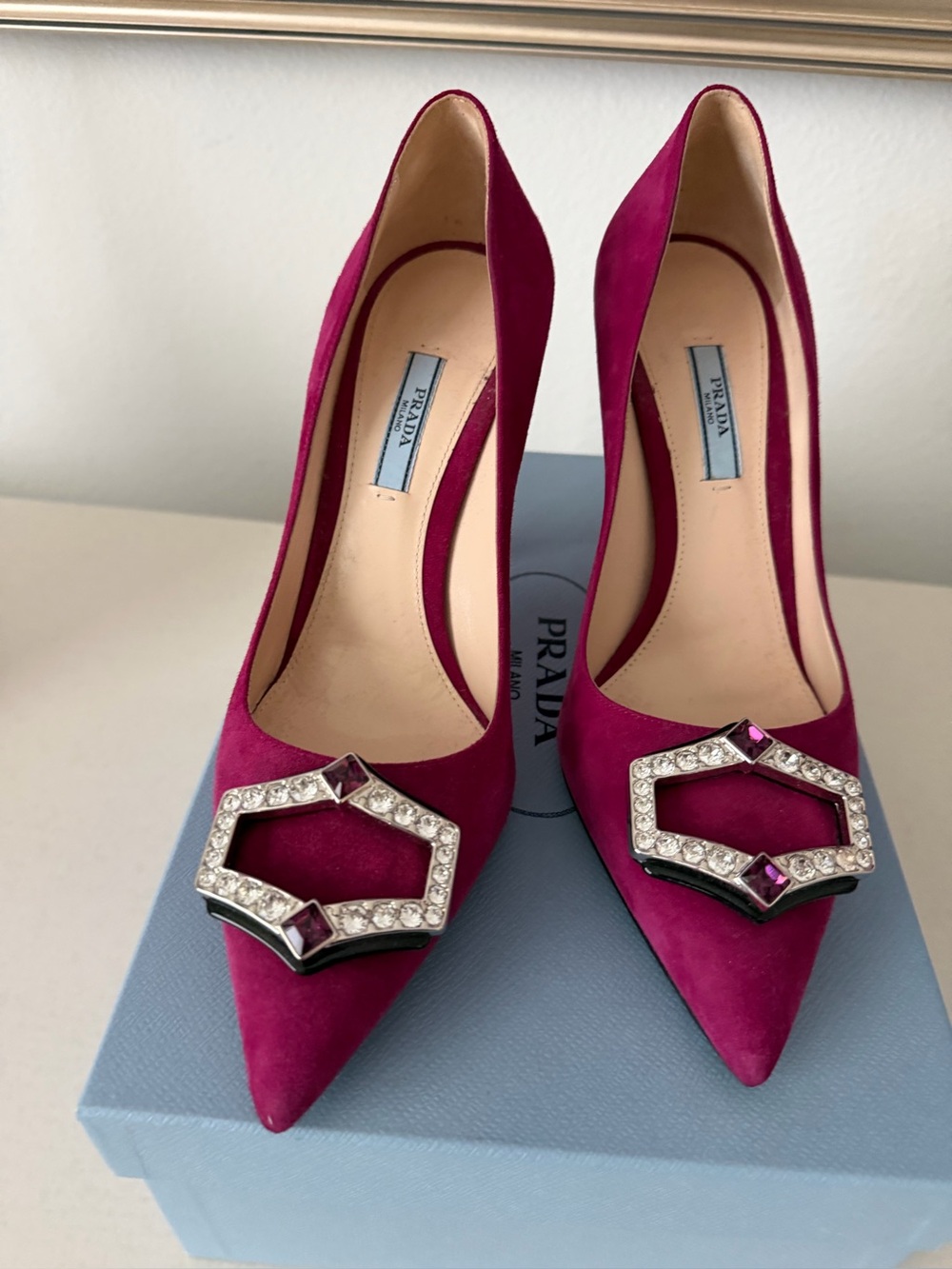 Prada Fuchsia Suede Pointed-Toe Pumps with Crystal Buckles